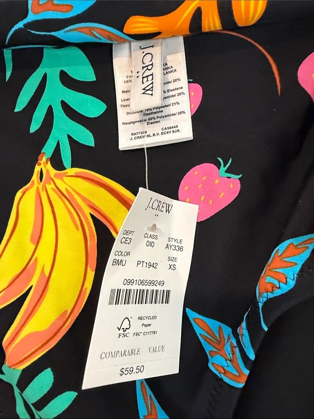 J. Crew Black High-Waist Bikini Bottoms with Multicolor Tropical Fruit Print